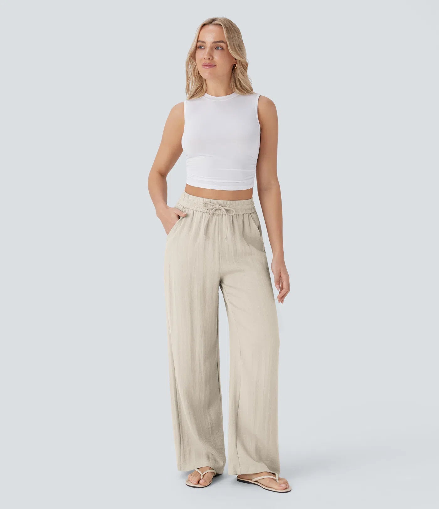 Wide Leg Casual Linen-Feel Pants