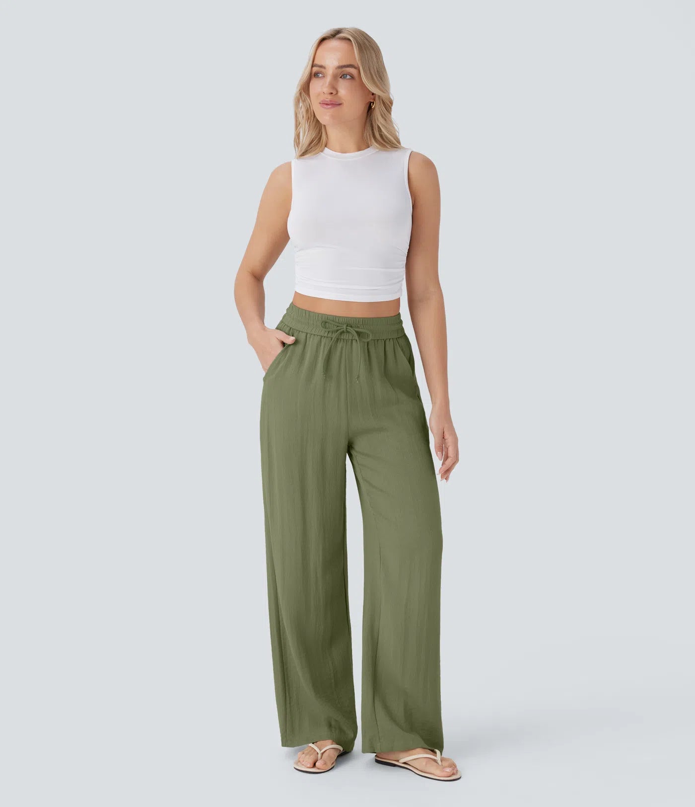 Wide Leg Casual Linen-Feel Pants